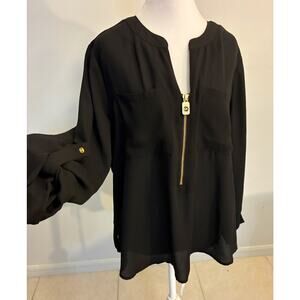 Michael Kors Black Chiffon Tunic Top Gold Zip Whimsy Goth Roll Sleeve Sheer L